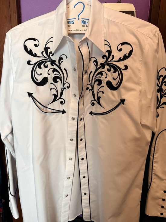 Ranger’s Legend Other - Men's White Western Embroidered Shirt with Black Scroll Design